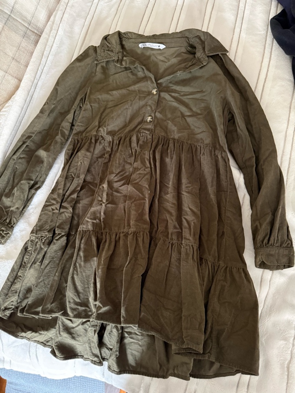 Zara Olive Green Tiered Long Sleeve Dress